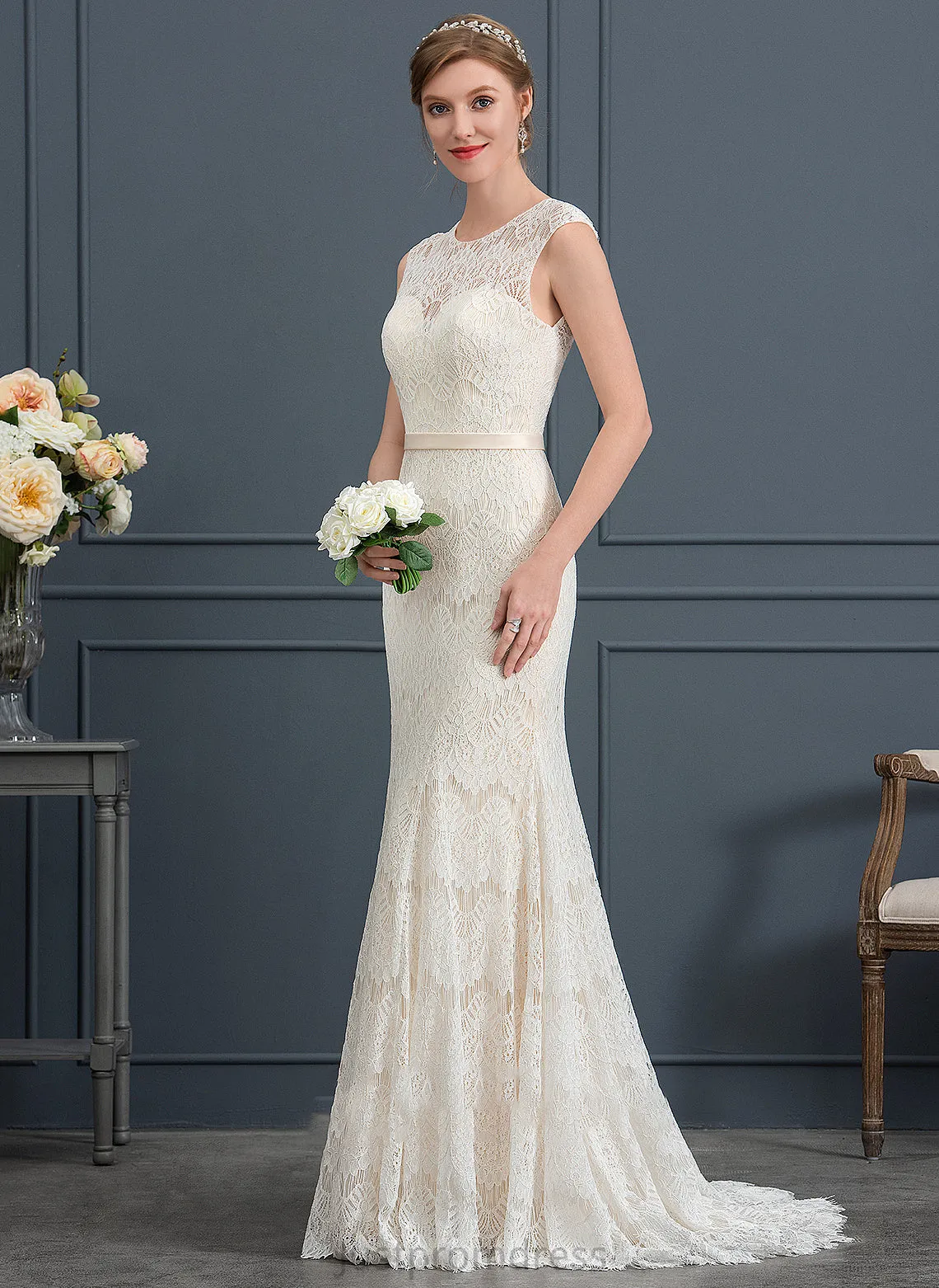 Frederica Dress Trumpet/Mermaid Neck Wedding Scoop Sweep Lace Wedding Dresses Train