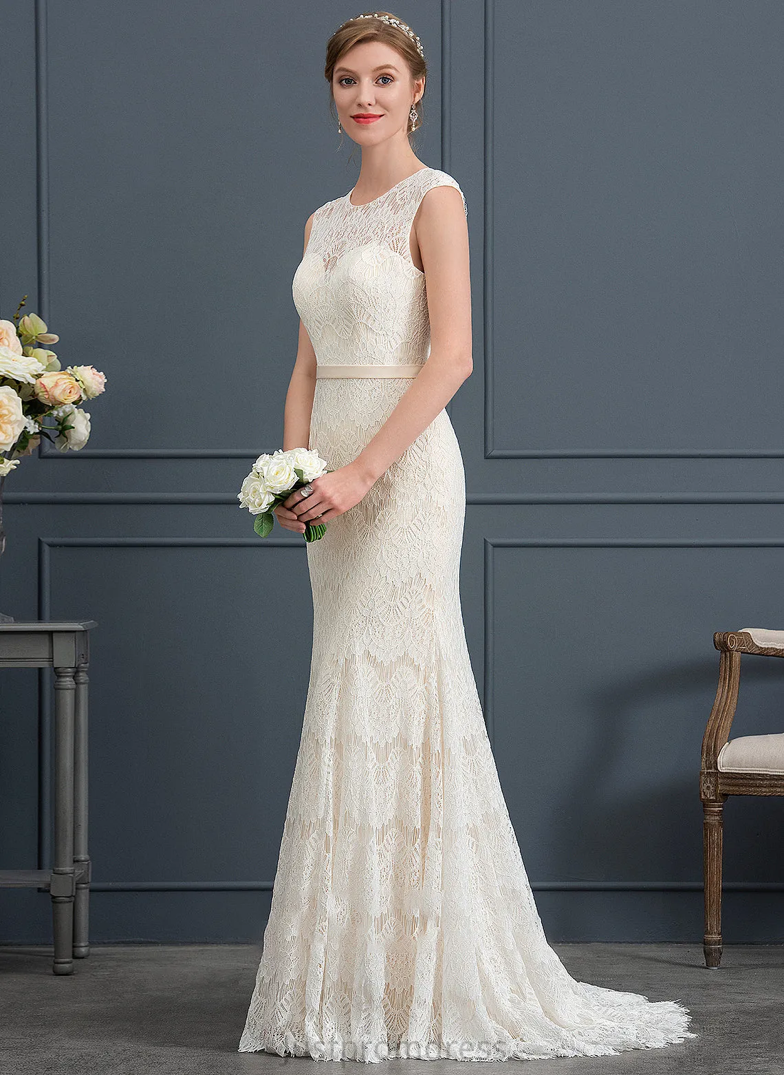 Frederica Dress Trumpet/Mermaid Neck Wedding Scoop Sweep Lace Wedding Dresses Train