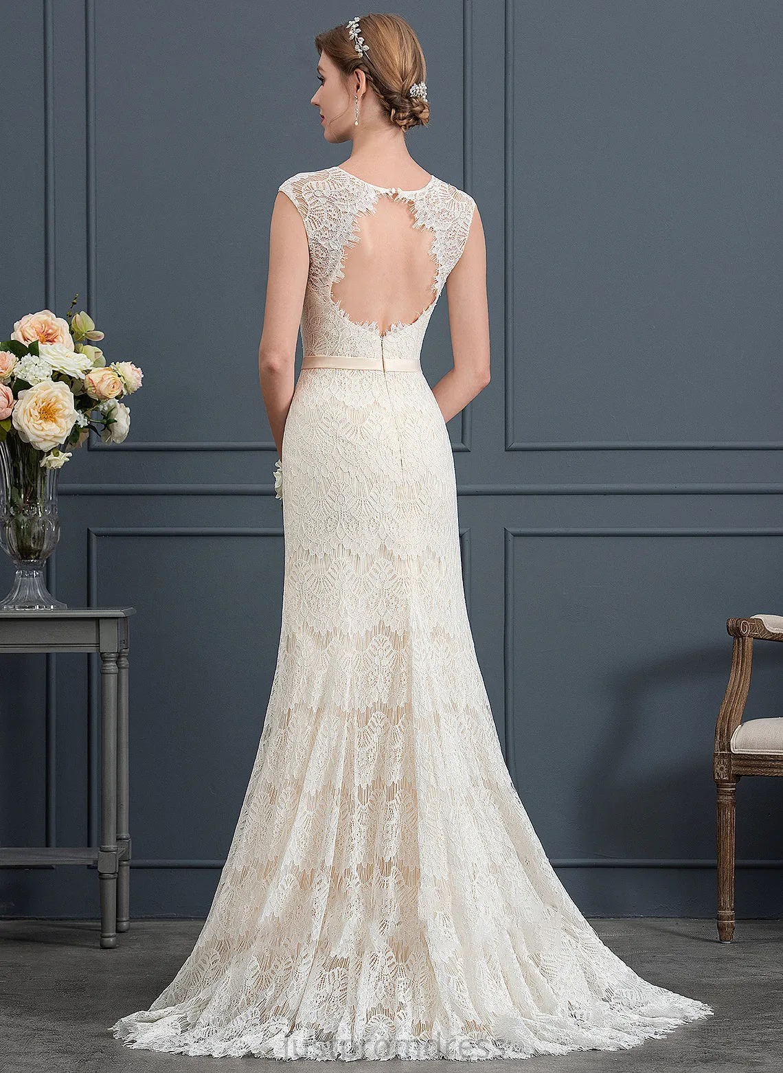 Frederica Dress Trumpet/Mermaid Neck Wedding Scoop Sweep Lace Wedding Dresses Train