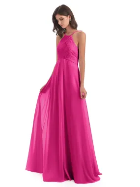 Fuchsia Bridesmaid Dresses Long Zipper Back Chiffon Long Bridesmaid Dresses Bridesmaid Dresses Halterneck