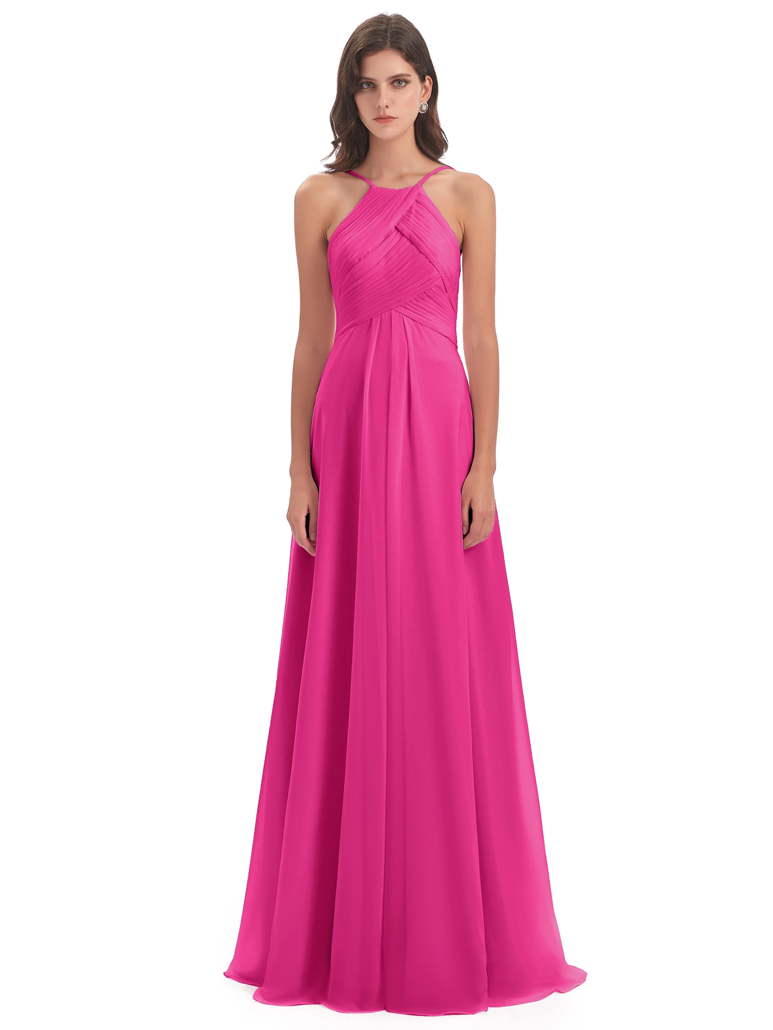 Fuchsia Bridesmaid Dresses Long Zipper Back Chiffon Long Bridesmaid Dresses Bridesmaid Dresses Halterneck