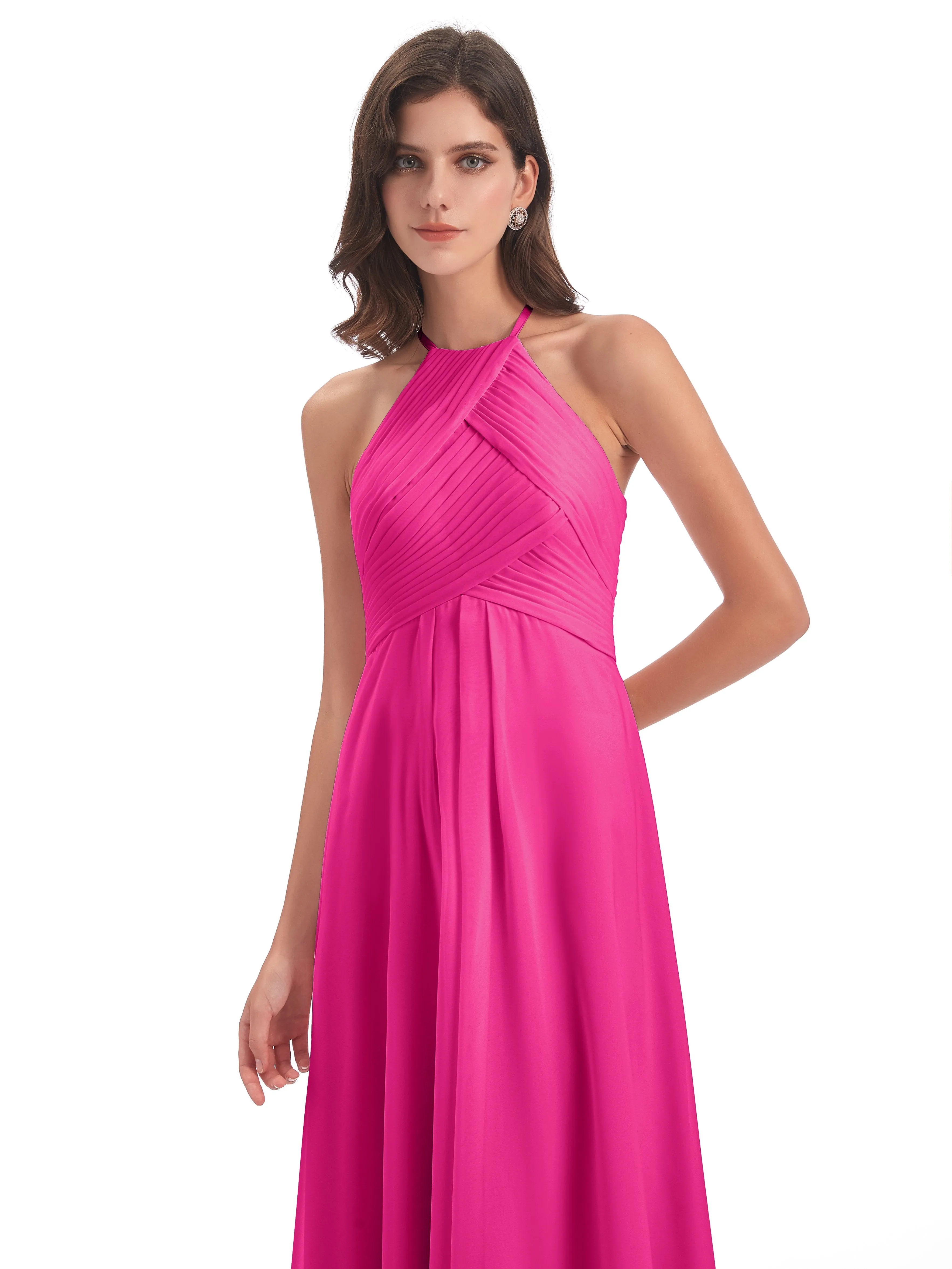 Fuchsia Bridesmaid Dresses Long Zipper Back Chiffon Long Bridesmaid Dresses Bridesmaid Dresses Halterneck