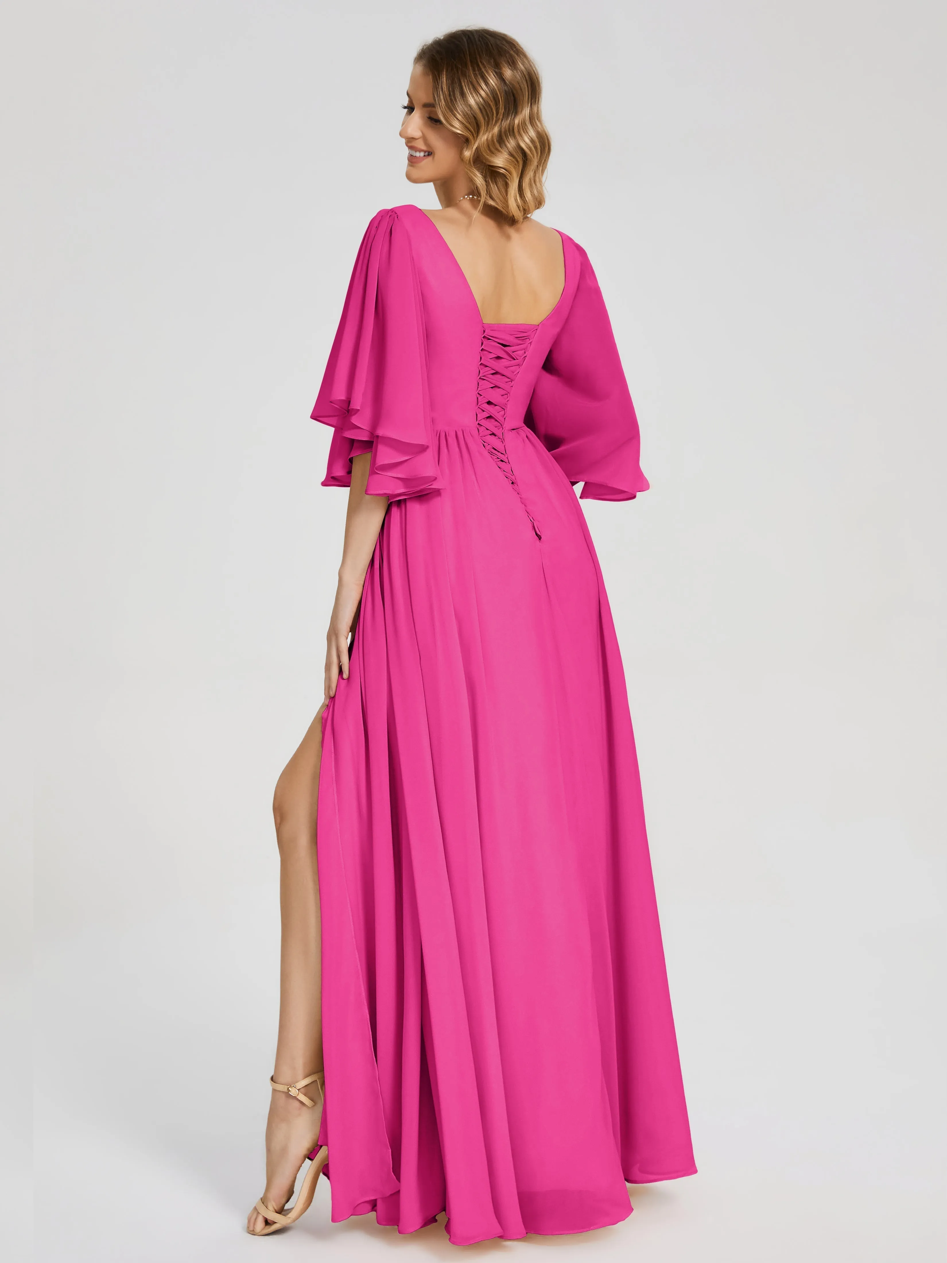 Fuchsia Bridesmaids Giselle Pretty Corset Back Chiffon Bridesmaid Dresses