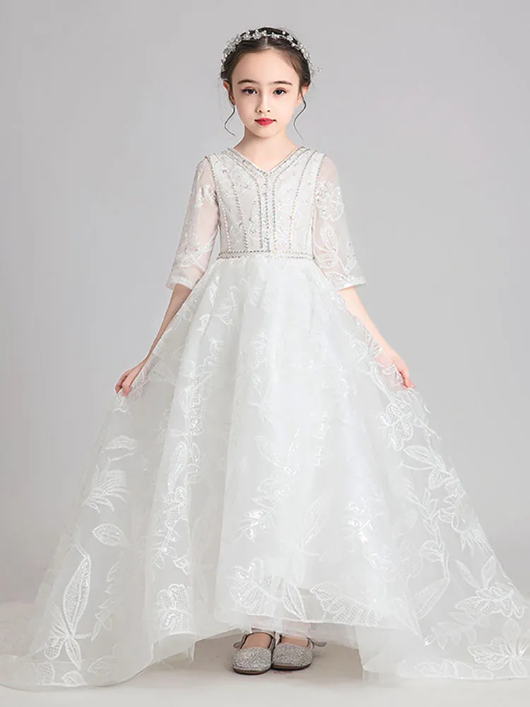 Girls' Evening Gown Flower Kid's Trailing Wedding Dress Piano Performance Costume