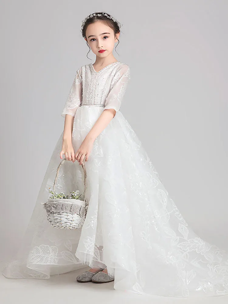 Girls' Evening Gown Flower Kid's Trailing Wedding Dress Piano Performance Costume