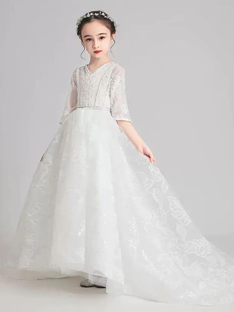 Girls' Evening Gown Flower Kid's Trailing Wedding Dress Piano Performance Costume