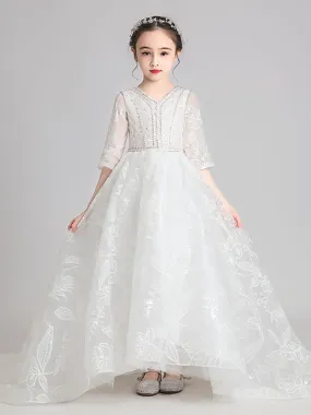 Girls' Evening Gown Flower Kid's Trailing Wedding Dress Piano Performance Costume
