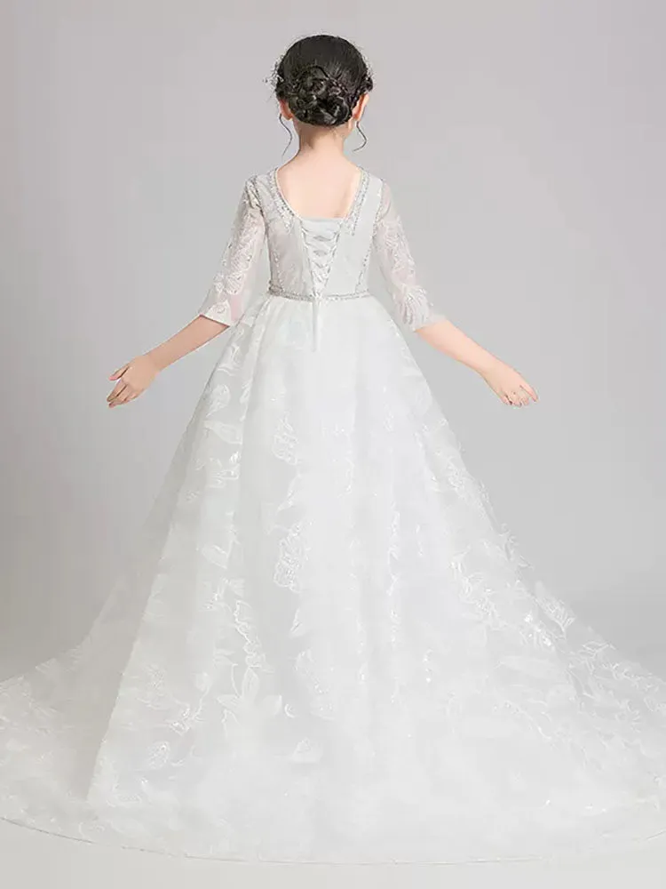 Girls' Evening Gown Flower Kid's Trailing Wedding Dress Piano Performance Costume