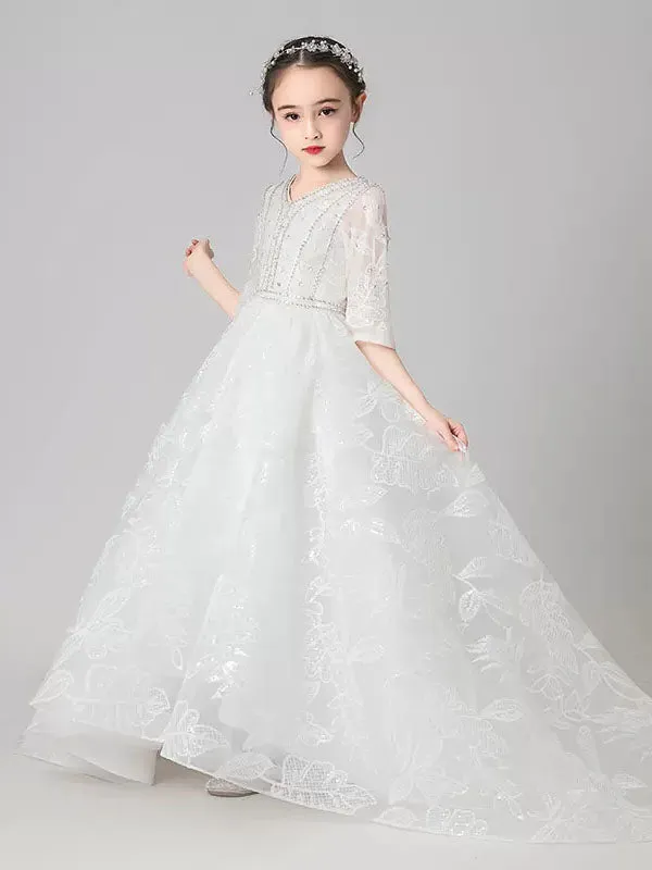 Girls' Evening Gown Flower Kid's Trailing Wedding Dress Piano Performance Costume