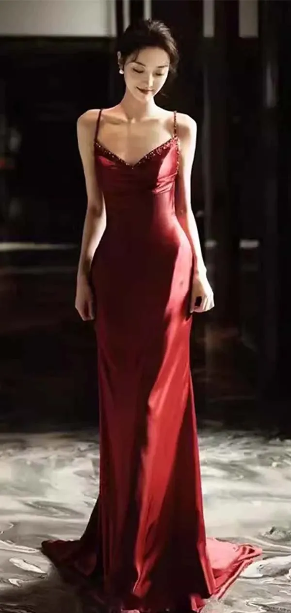 Gorgeous Burgundy Spaghetti Strap with tail Formal Dresses, PDS1068