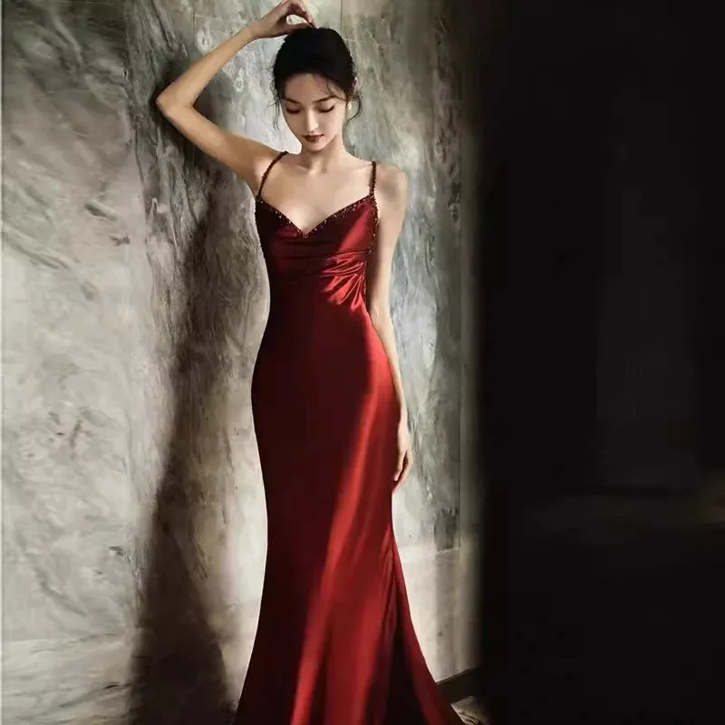 Gorgeous Burgundy Spaghetti Strap with tail Formal Dresses, PDS1068