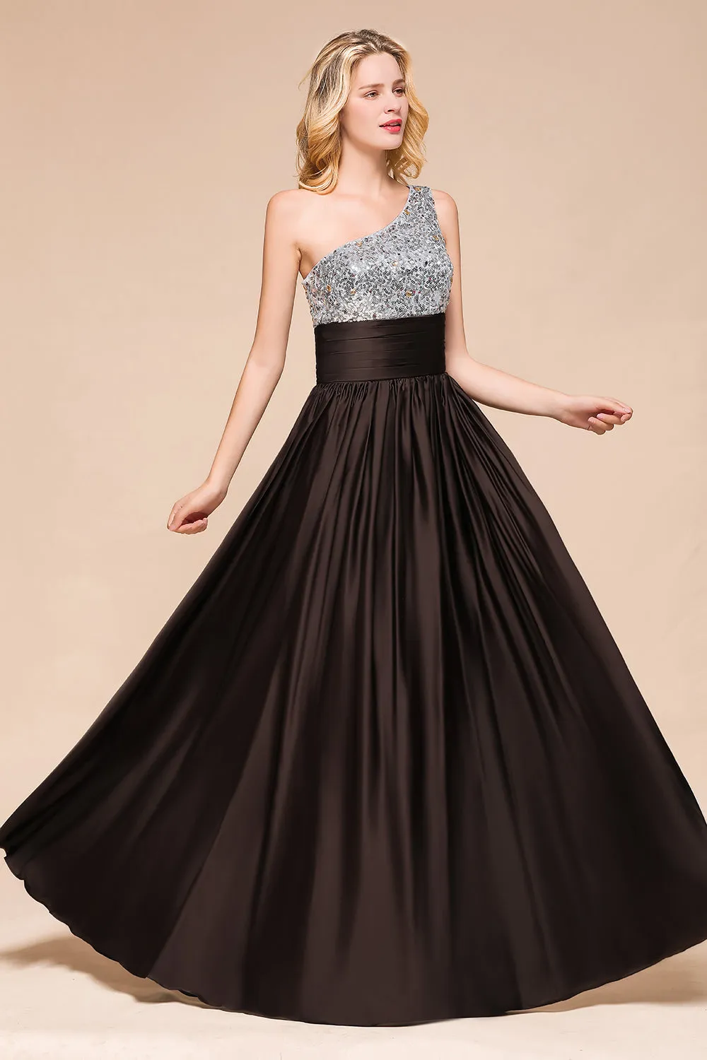 Gorgeous Long A-line One Shoulder Chiffon Bridesmaid Dress With Sequins