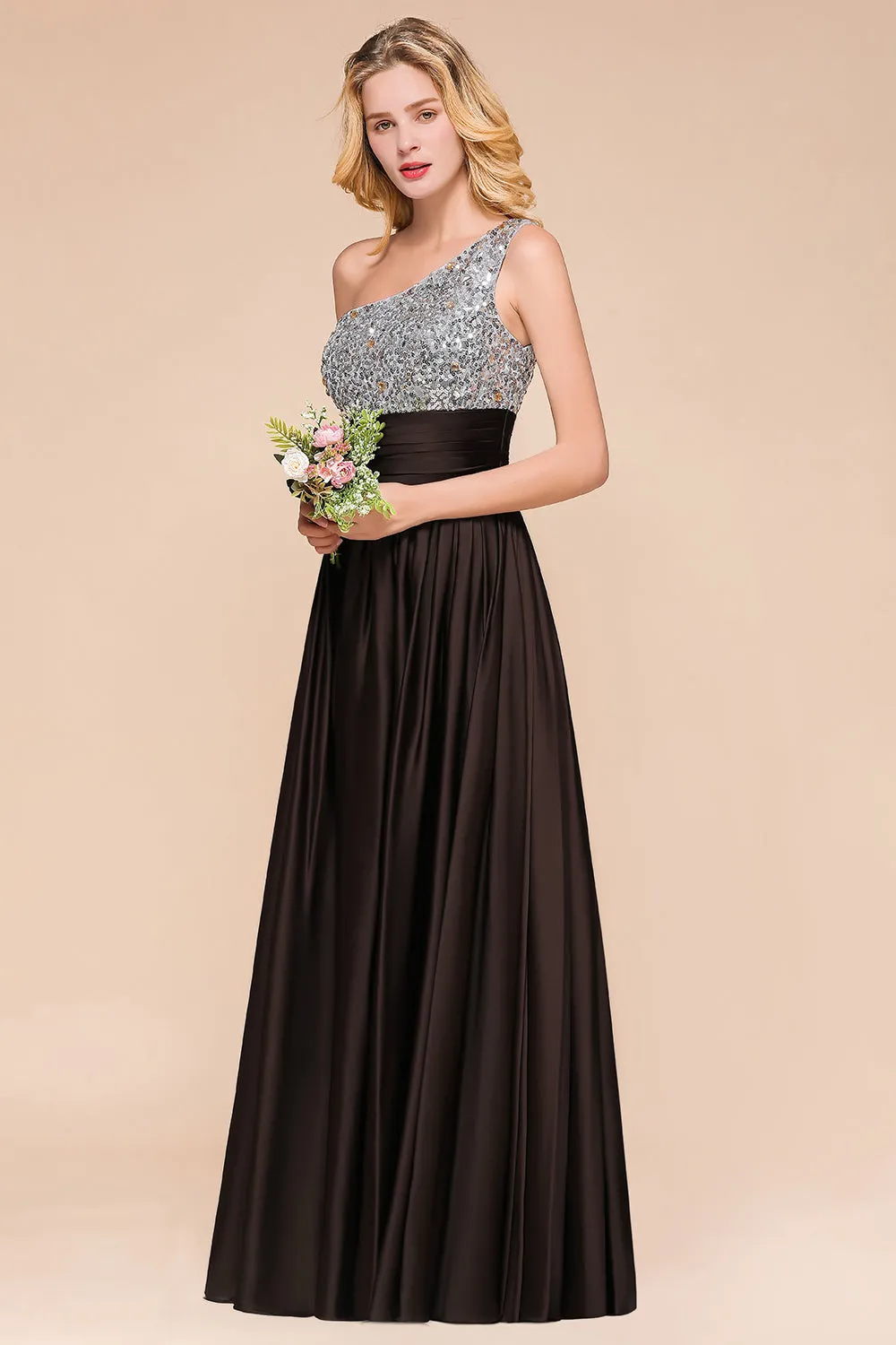 Gorgeous Long A-line One Shoulder Chiffon Bridesmaid Dress With Sequins
