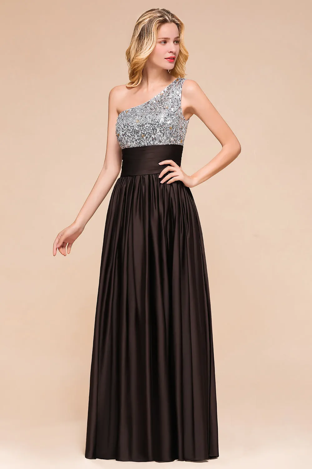 Gorgeous Long A-line One Shoulder Chiffon Bridesmaid Dress With Sequins