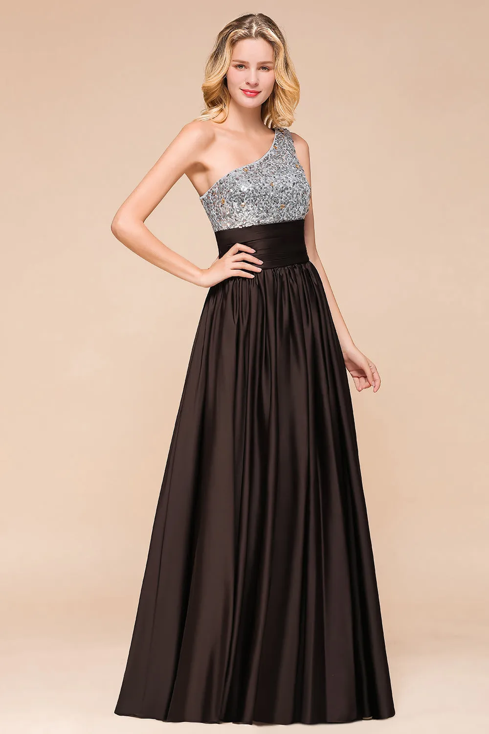 Gorgeous Long A-line One Shoulder Chiffon Bridesmaid Dress With Sequins