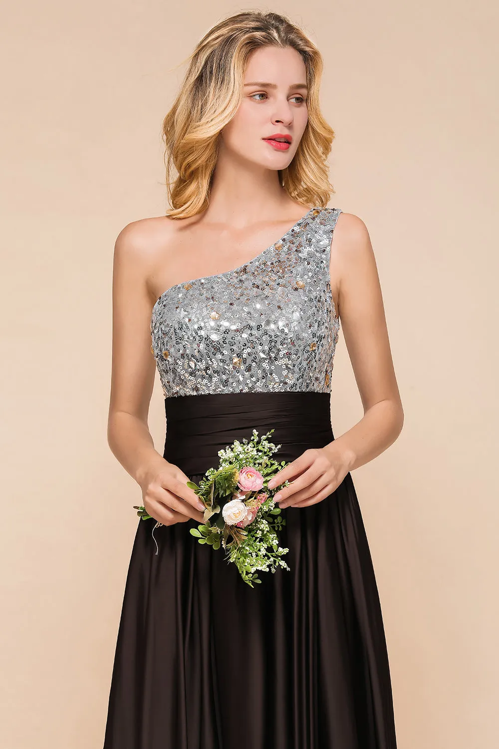 Gorgeous Long A-line One Shoulder Chiffon Bridesmaid Dress With Sequins