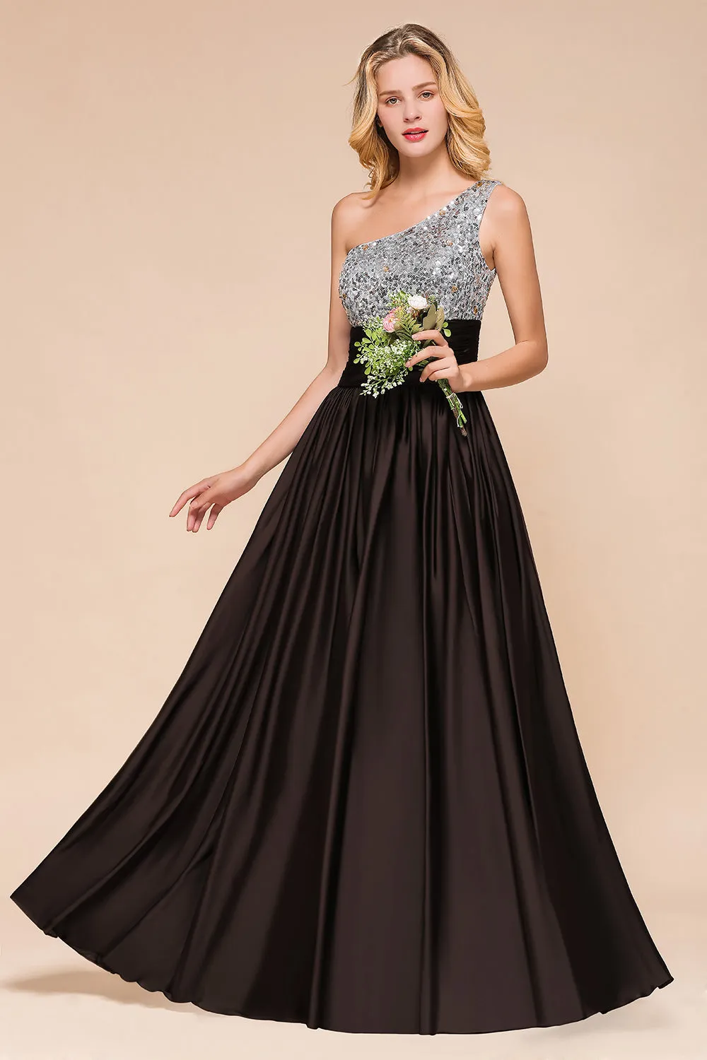 Gorgeous Long A-line One Shoulder Chiffon Bridesmaid Dress With Sequins