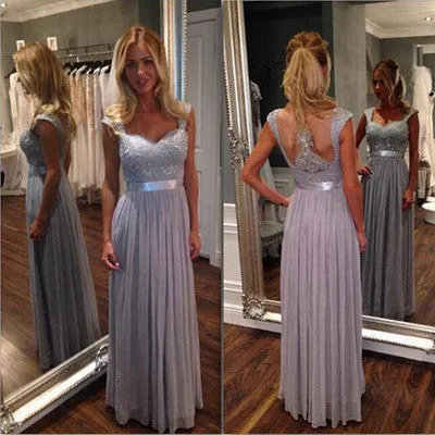 Gray Lace Top Long Chiffon Bridesmaid Dresses with Sheer Back