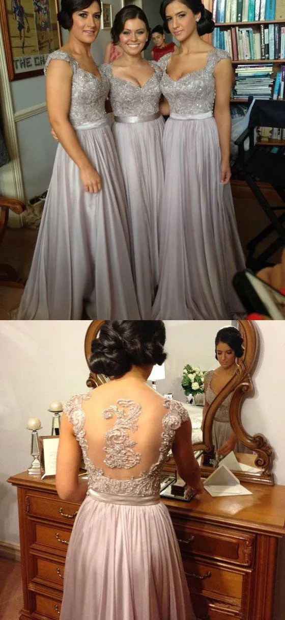 Gray Lace Top Long Chiffon Bridesmaid Dresses with Sheer Back