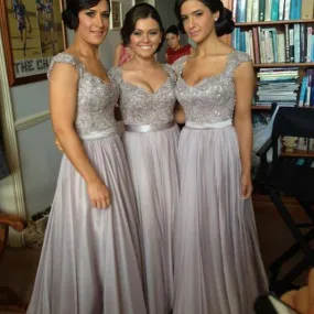 Gray Lace Top Long Chiffon Bridesmaid Dresses with Sheer Back