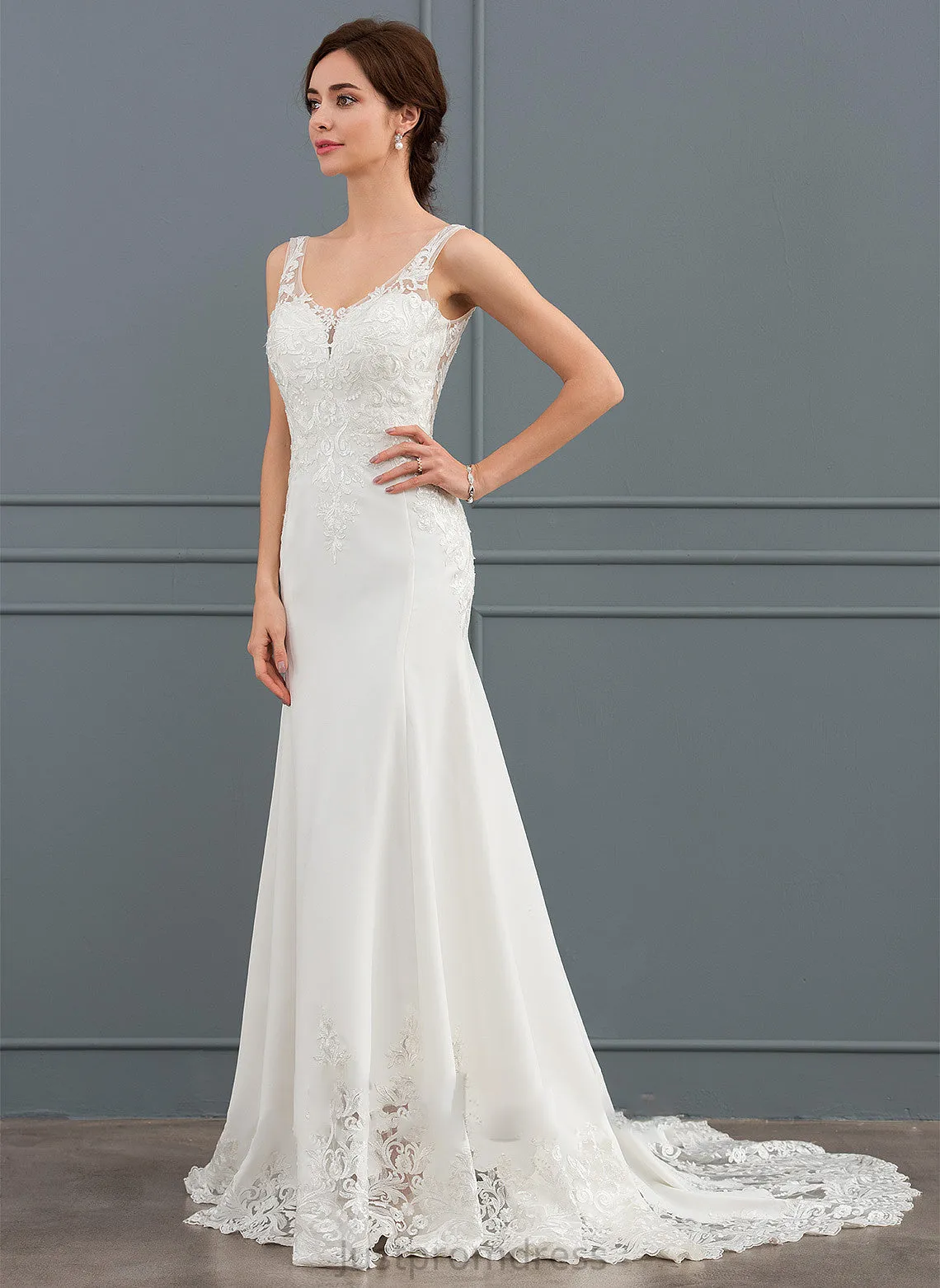 Hallie Sequins Trumpet/Mermaid Wedding Dresses Wedding Court V-neck Dress Lace Train Stretch Crepe With