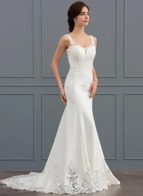 Hallie Sequins Trumpet/Mermaid Wedding Dresses Wedding Court V-neck Dress Lace Train Stretch Crepe With