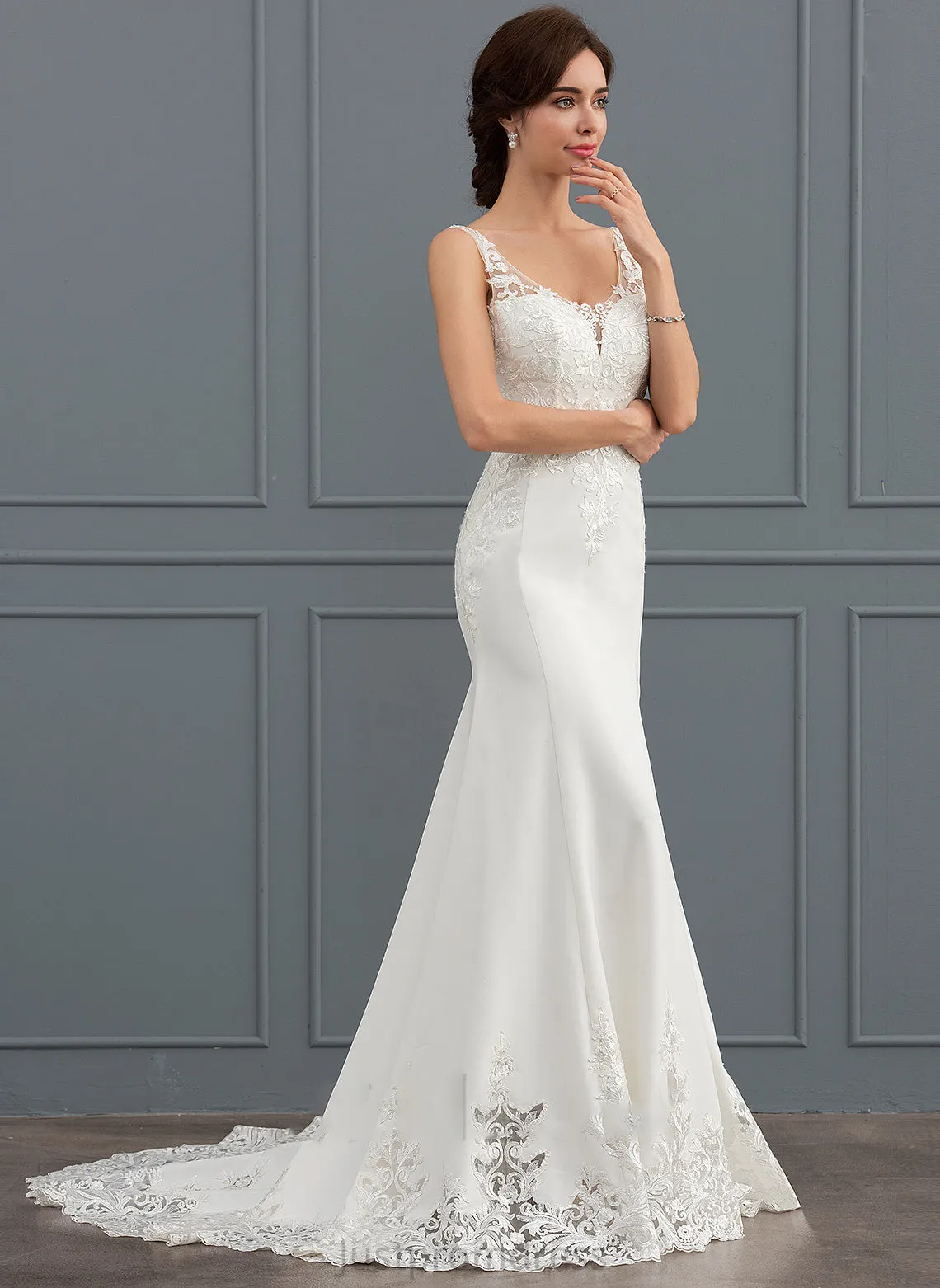 Hallie Sequins Trumpet/Mermaid Wedding Dresses Wedding Court V-neck Dress Lace Train Stretch Crepe With