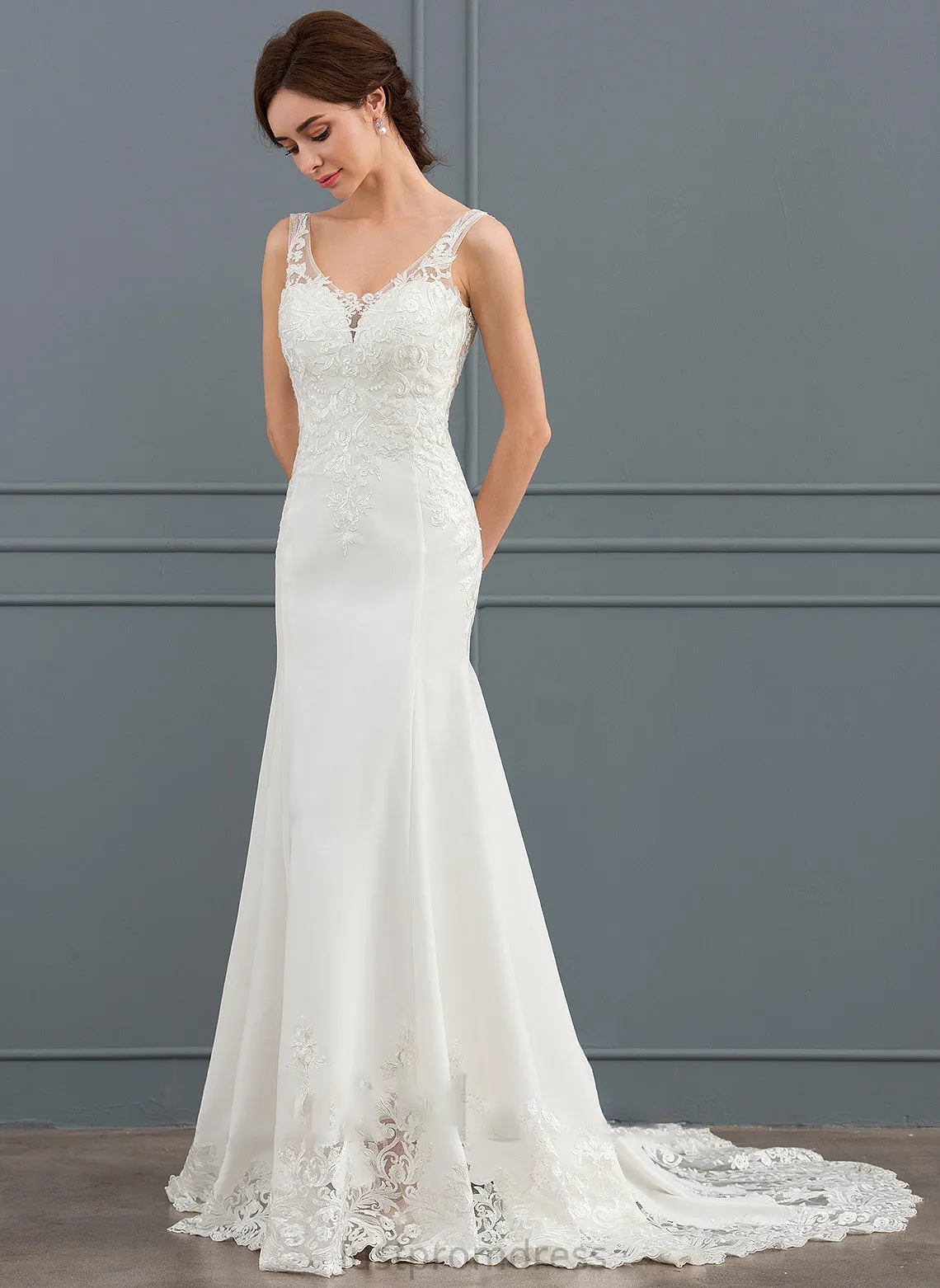 Hallie Sequins Trumpet/Mermaid Wedding Dresses Wedding Court V-neck Dress Lace Train Stretch Crepe With