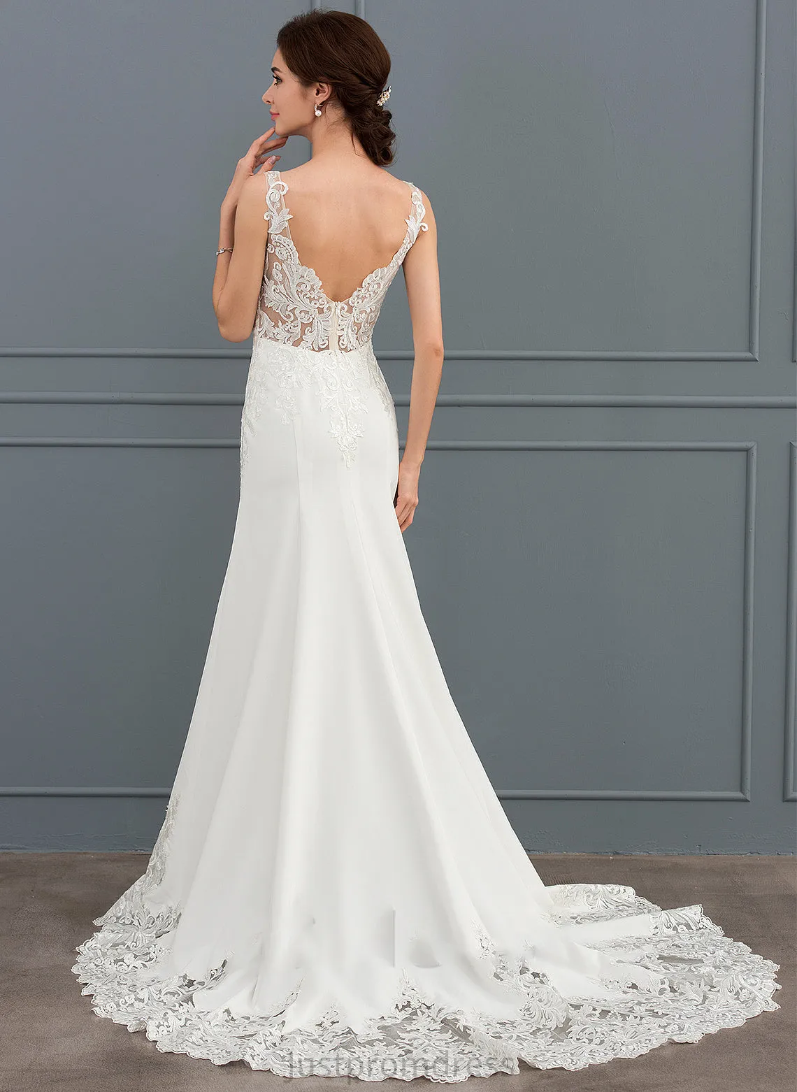 Hallie Sequins Trumpet/Mermaid Wedding Dresses Wedding Court V-neck Dress Lace Train Stretch Crepe With
