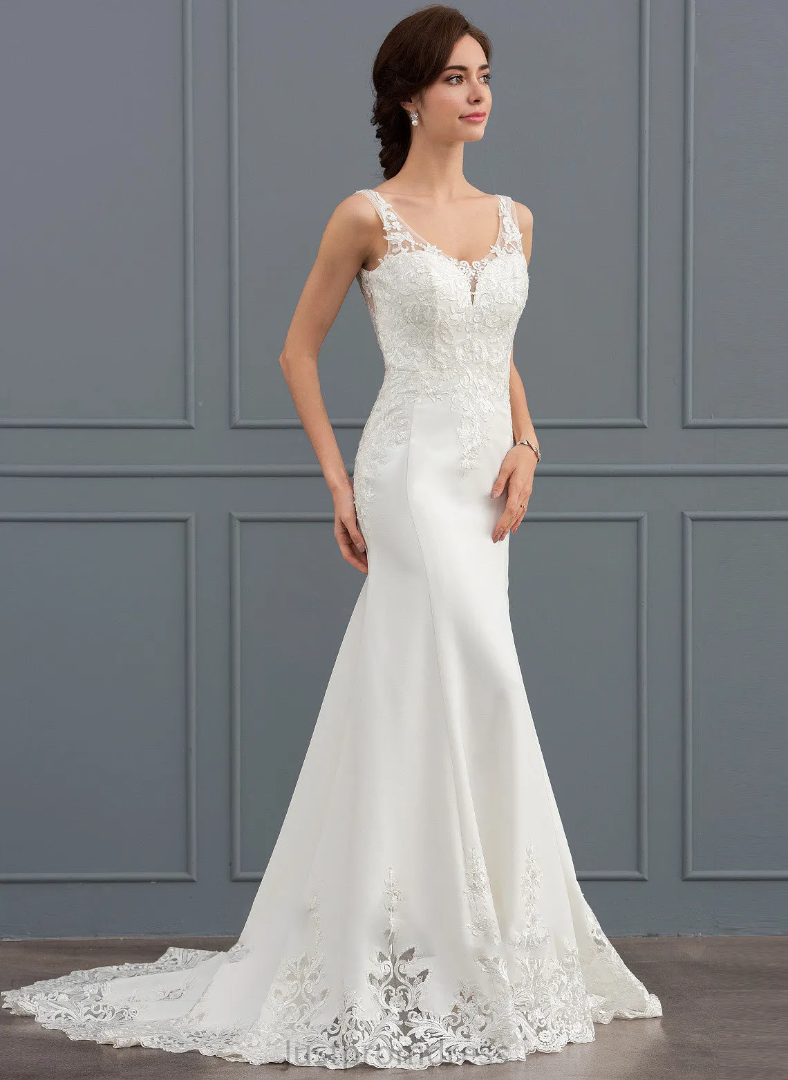 Hallie Sequins Trumpet/Mermaid Wedding Dresses Wedding Court V-neck Dress Lace Train Stretch Crepe With