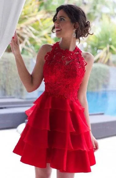 Halter A-line Short Red Lace Homecoming Dress Short Prom Dress TR0042