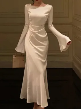 Hnzxzm Autumn Elegant Solid Midi Dress Women Flare Sleeve Slim Mermaid Spring New French Vintage Wedding Party Vestidos Robe Mujers