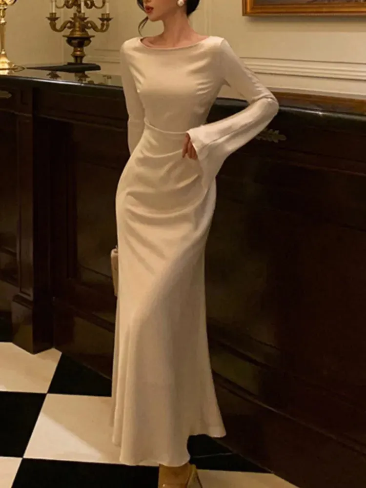 Hnzxzm Autumn Elegant Solid Midi Dress Women Flare Sleeve Slim Mermaid Spring New French Vintage Wedding Party Vestidos Robe Mujers