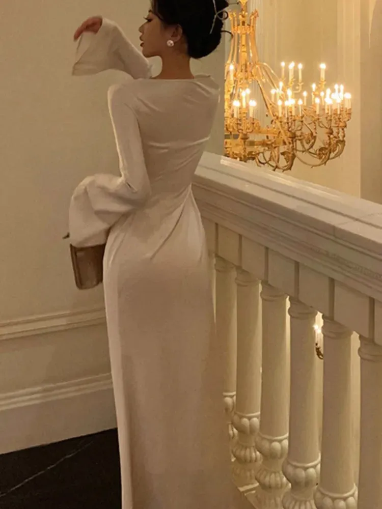 Hnzxzm Autumn Elegant Solid Midi Dress Women Flare Sleeve Slim Mermaid Spring New French Vintage Wedding Party Vestidos Robe Mujers