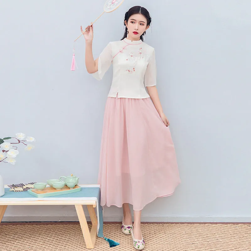 Illusion Sleeve Cheongsam Top Chiffon Skirt Chinese Style Women's Suit