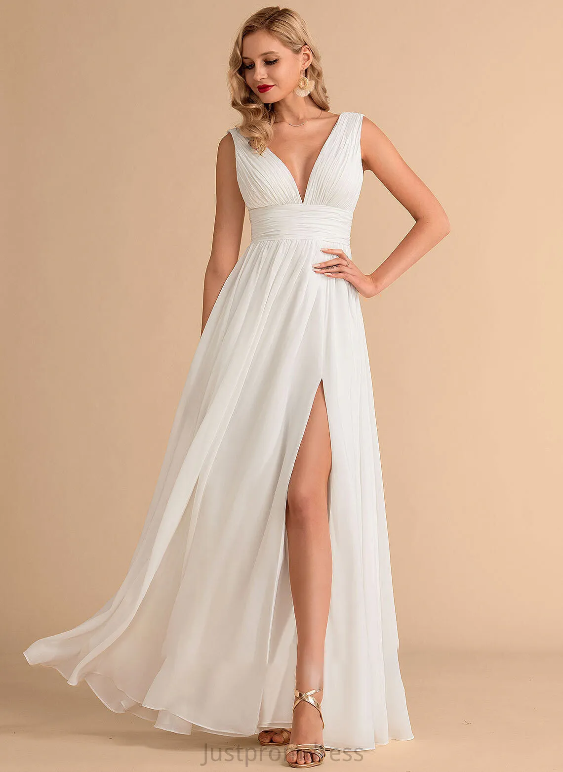 Jasmin Chiffon With Floor-Length Wedding Front Dress V-neck Wedding Dresses Split A-Line