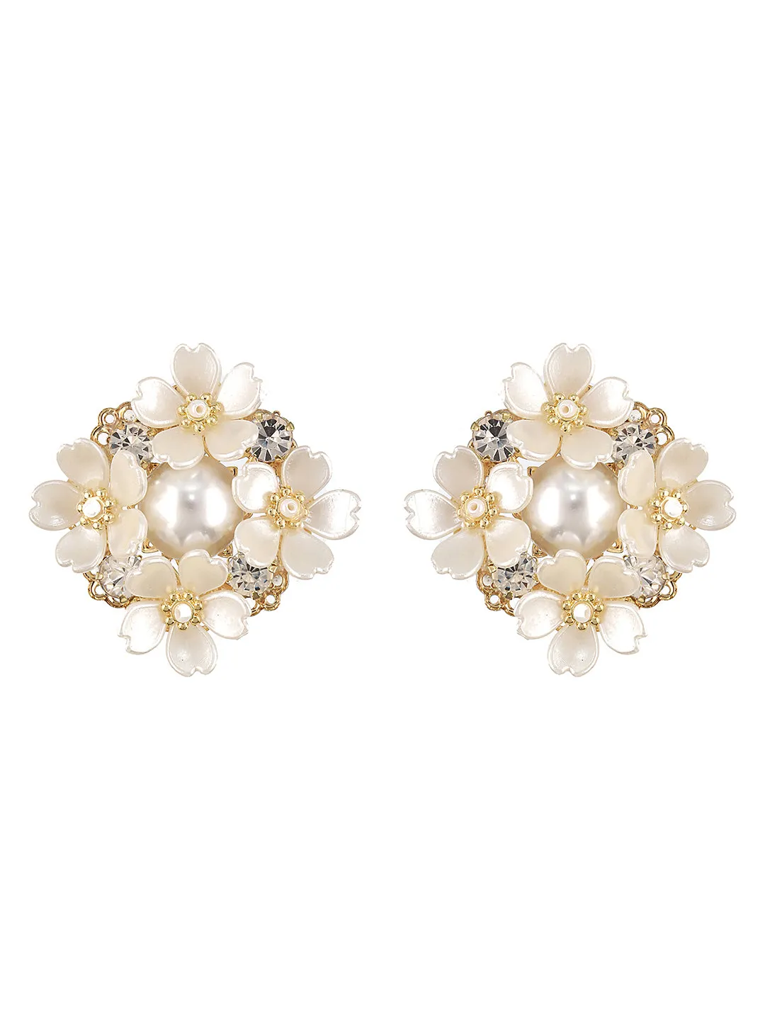 JAZZ AND SIZZLE Gold-Plated Artificial flower &amp; Pearl Studded Contemporary Stud Earrings