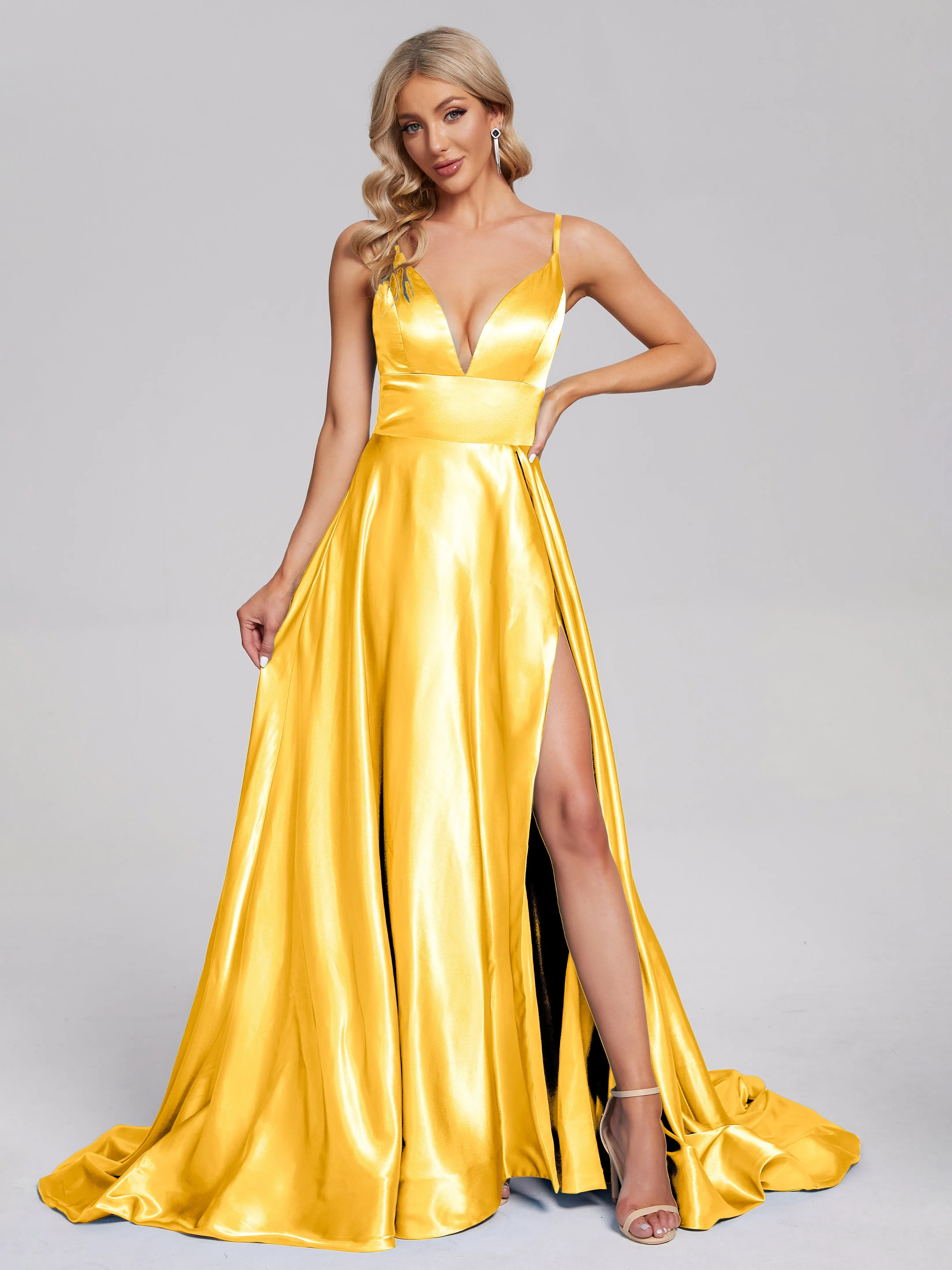 Jennifer Split Soft Satin Long Bridesmaid Dresses