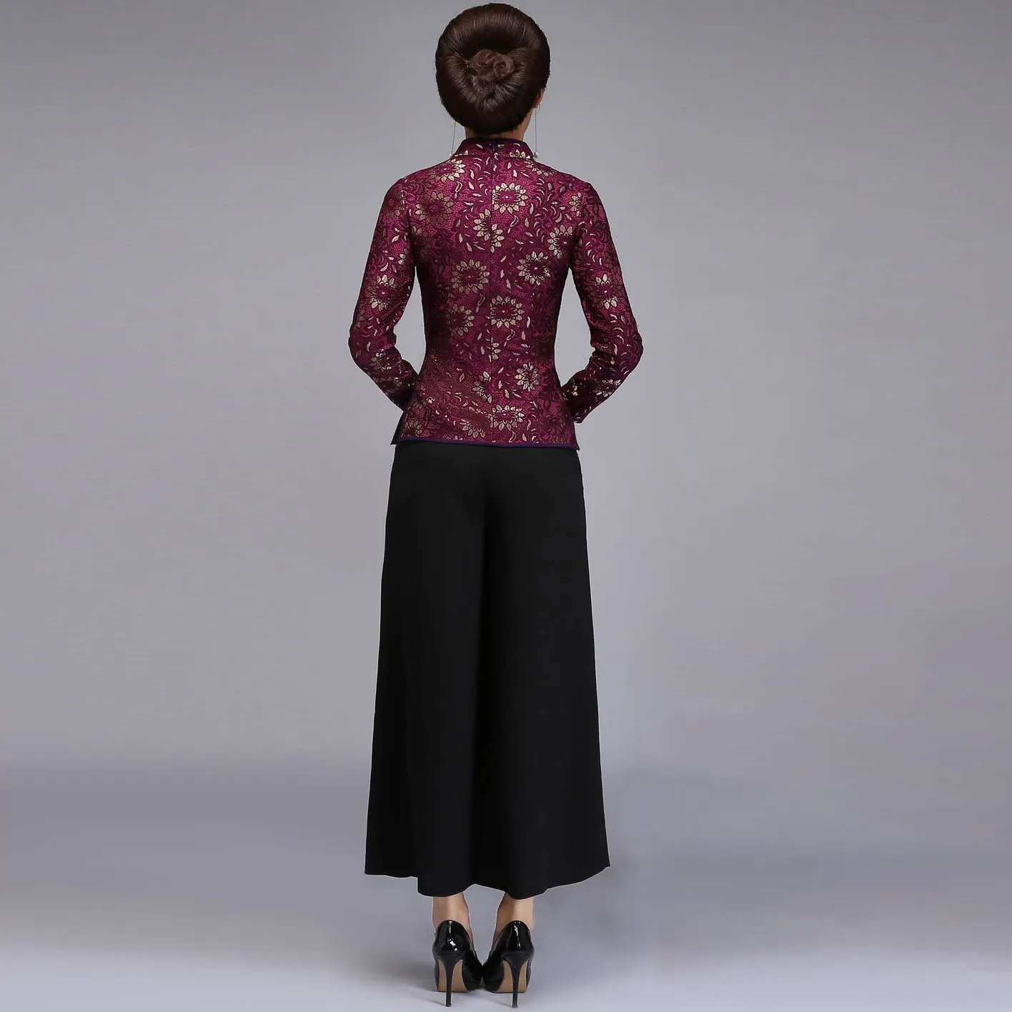 Key Hole Neck Lace Cheongsam Top with Long Pantskirt