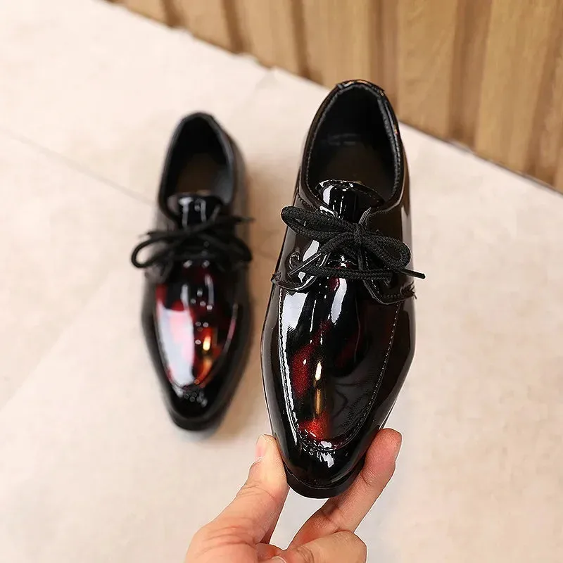 Kids Pointed Toe Leather Shoes for Boys - Britain Style Low-Heeled Lace-Up Fashion Shoes for Party, Wedding, and Performance