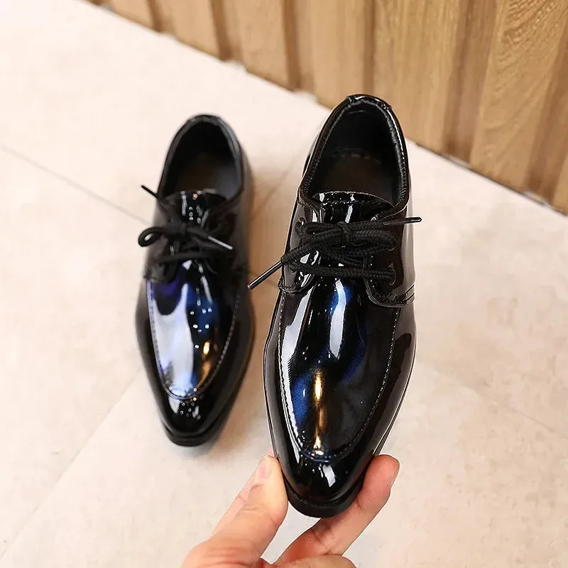 Kids Pointed Toe Leather Shoes for Boys - Britain Style Low-Heeled Lace-Up Fashion Shoes for Party, Wedding, and Performance