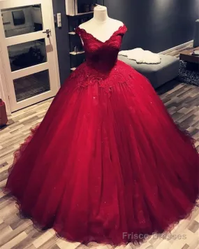 Lace Appliques V-Neck Off The Shoulder Tulle Ball Gowns Wedding Dresses