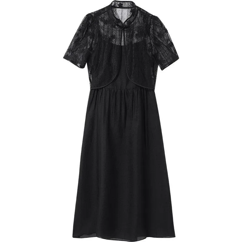 Lace Mandarin Collar Cheongsam Two Piece Dress Suit