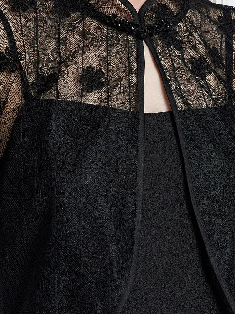 Lace Mandarin Collar Cheongsam Two Piece Dress Suit
