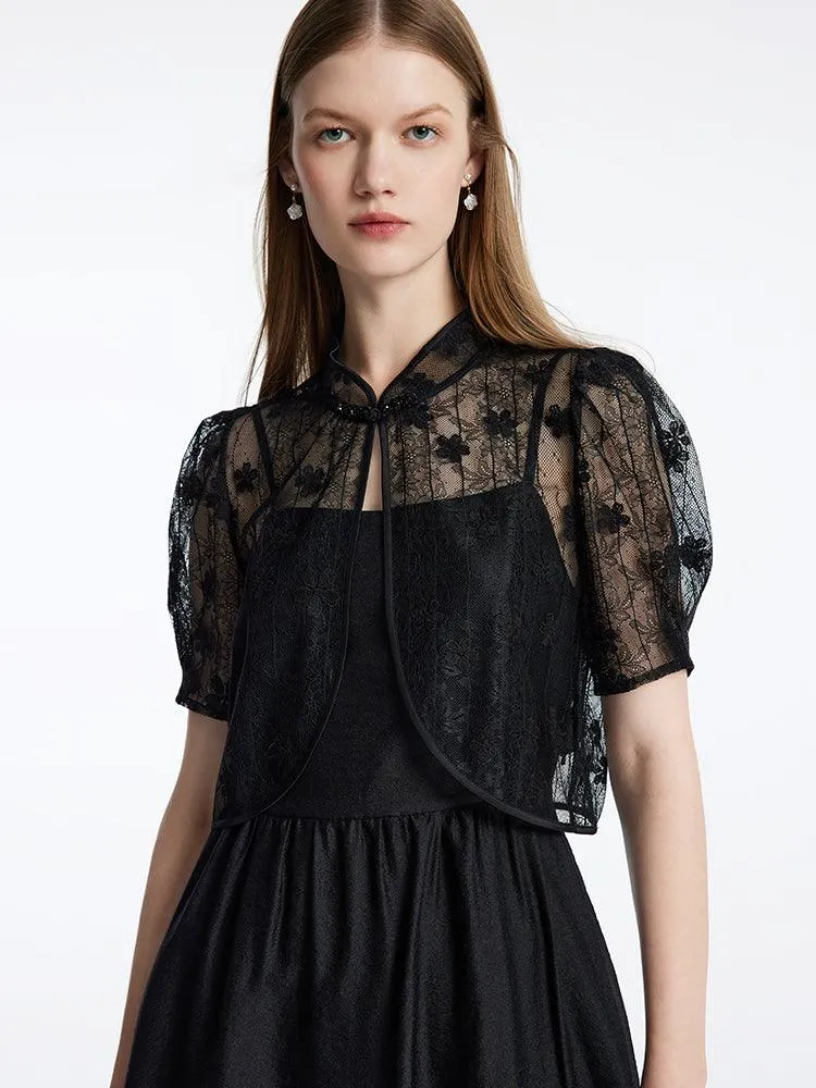 Lace Mandarin Collar Cheongsam Two Piece Dress Suit