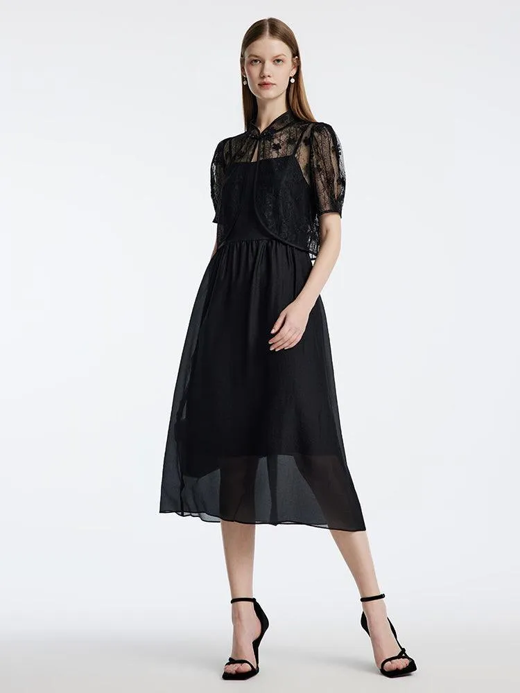 Lace Mandarin Collar Cheongsam Two Piece Dress Suit