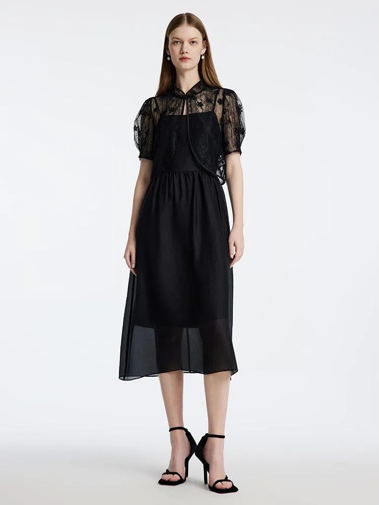 Lace Mandarin Collar Cheongsam Two Piece Dress Suit