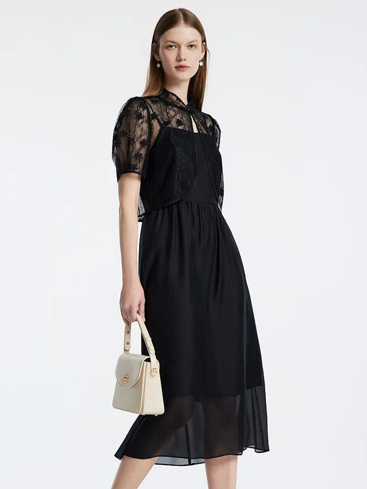 Lace Mandarin Collar Cheongsam Two Piece Dress Suit