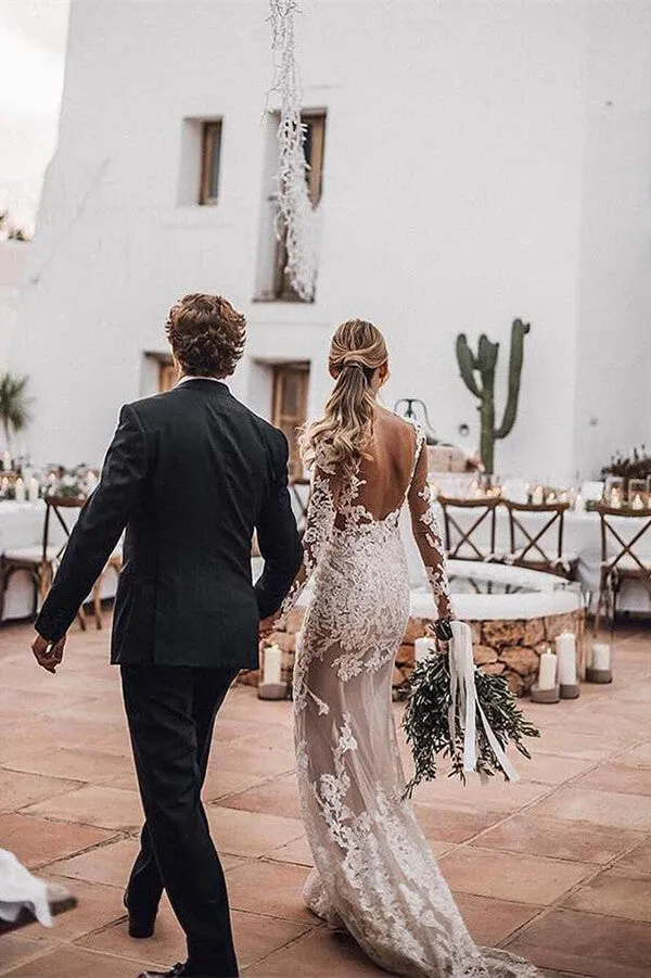 Lace Mermaid Backless Long Sleeves Wedding Dresses, Bridal Gown, SW450
