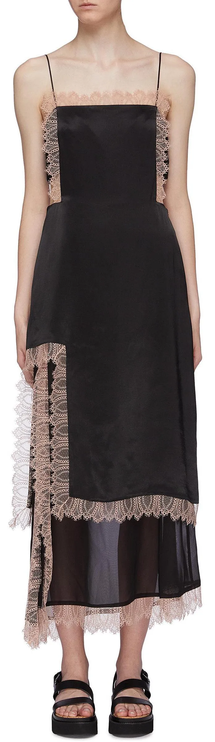 Lace Trim Chiffon Slit Hem Satin Camisole Dress